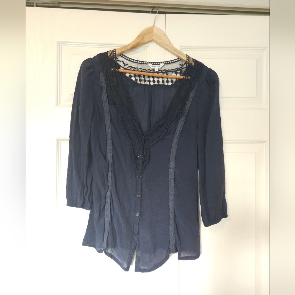 Stella Tweed Navy Blouse with Lace Detail